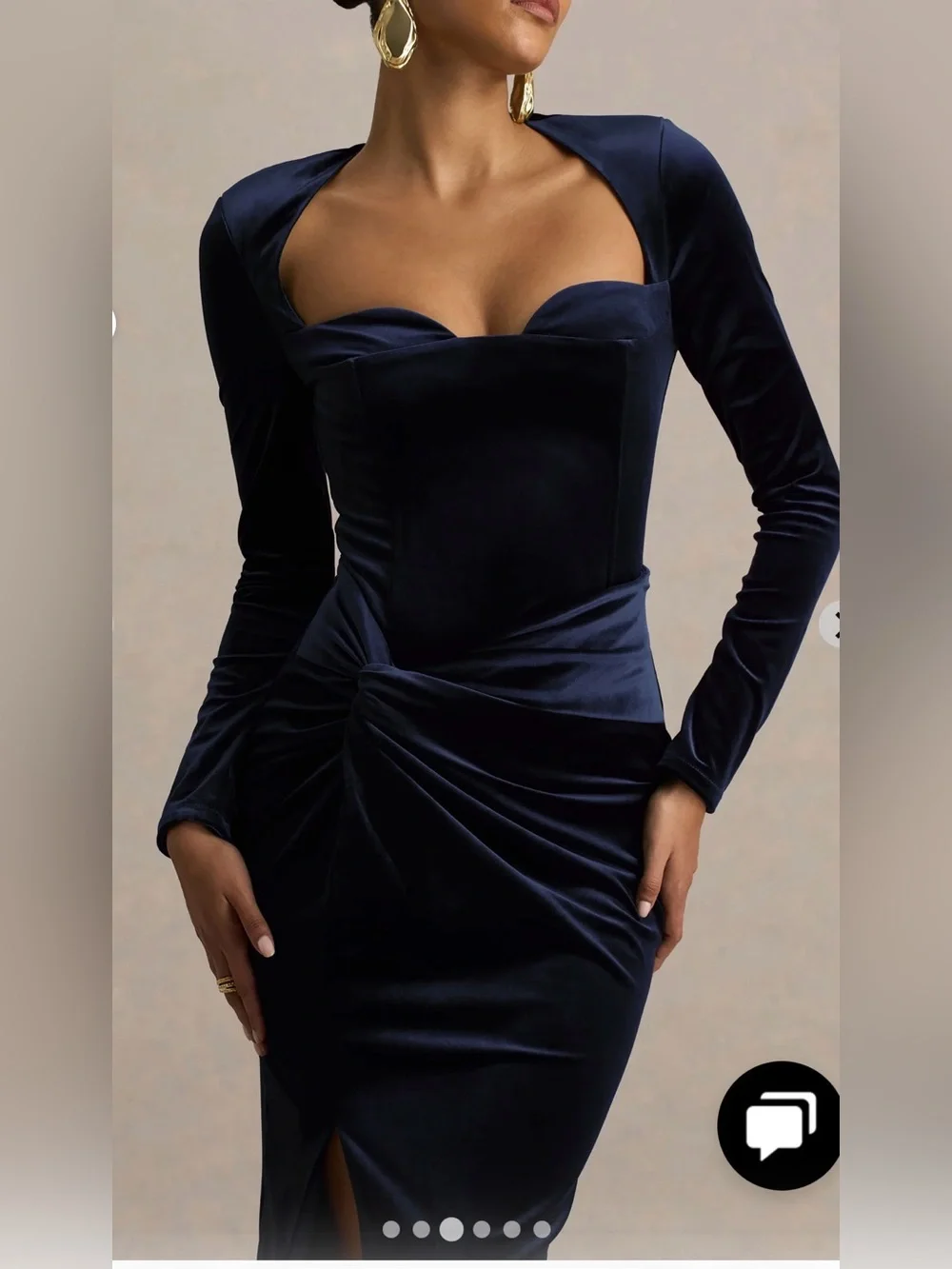 Club L Fay Navy Velvet Corset Style Knot Long-Sleeve Ruched Evening Dress Formal
